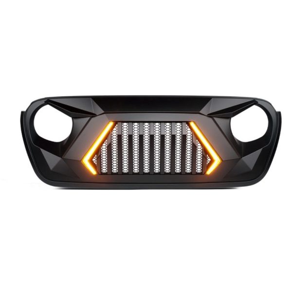 Xprite Front Grill Jeep Wrangler JK (2007-2018) JL (2018-2024) w  LED Turn Signal Lights - Matte Black   Shark Grille Fashion